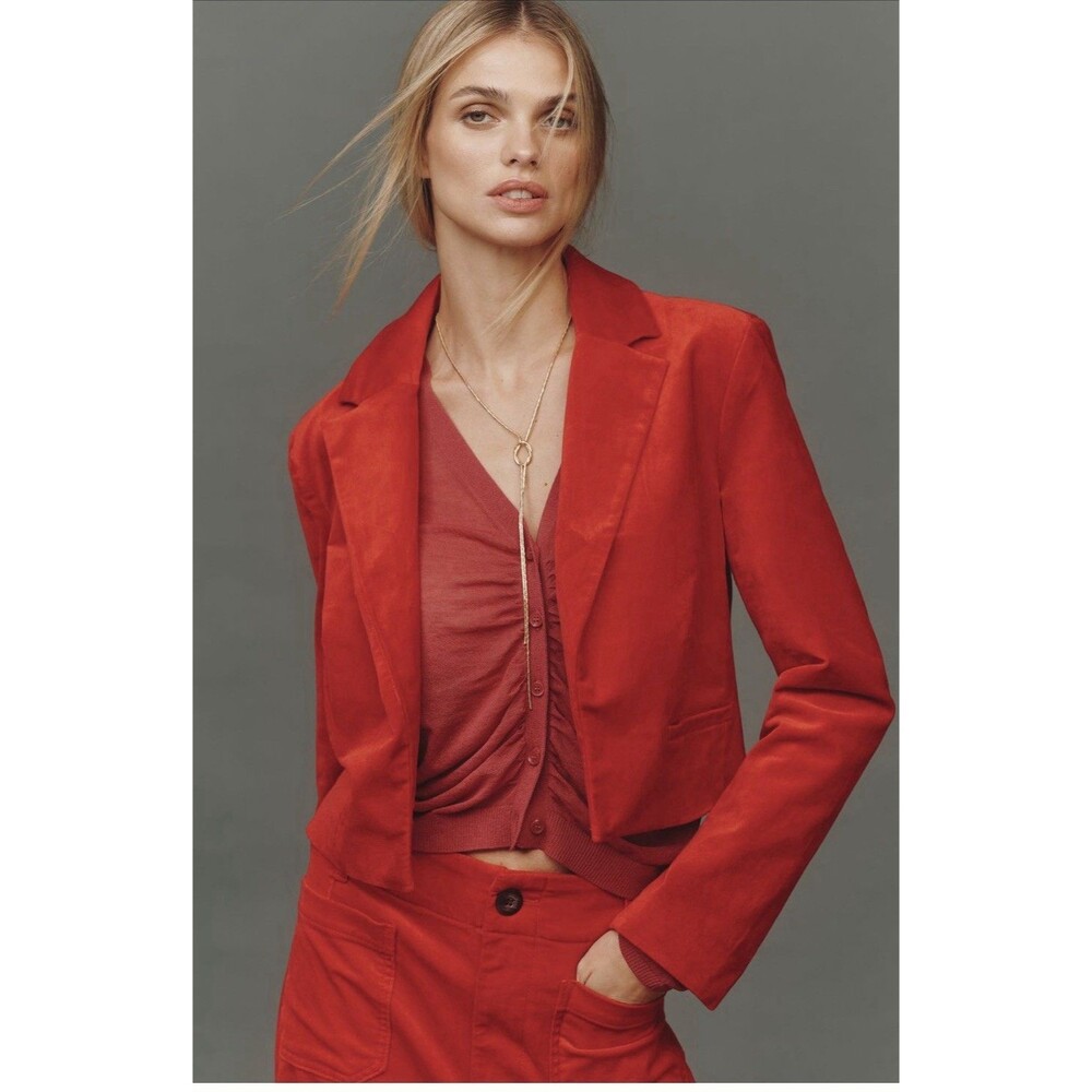 Anthropologie Maeve Cropped Tuxedo Blazer Red Holiday Preppy Retro Size XS NWT